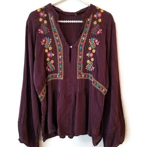 Johnny Was maroon embroidered bohemian top large